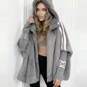 Gray Faux Fur Hoodie with Knit Sleeves